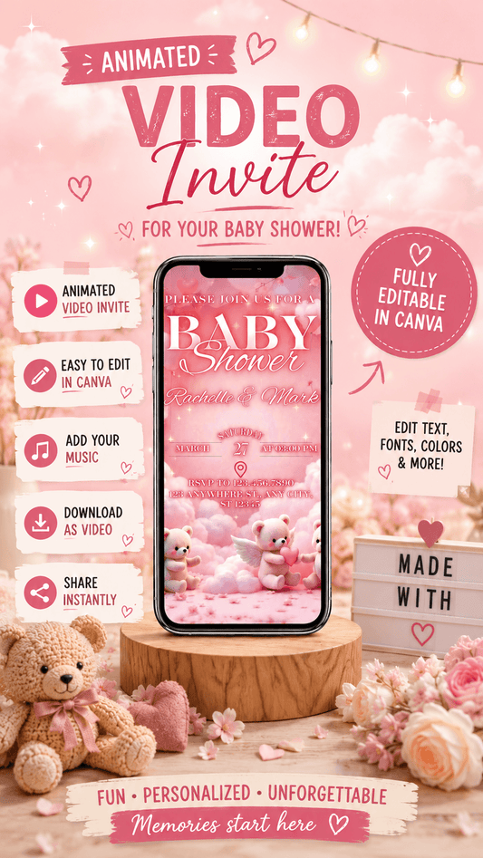 Baby Shower Video Invitation featuring animated design, editable text, and soft pink clouds with teddy bears.
