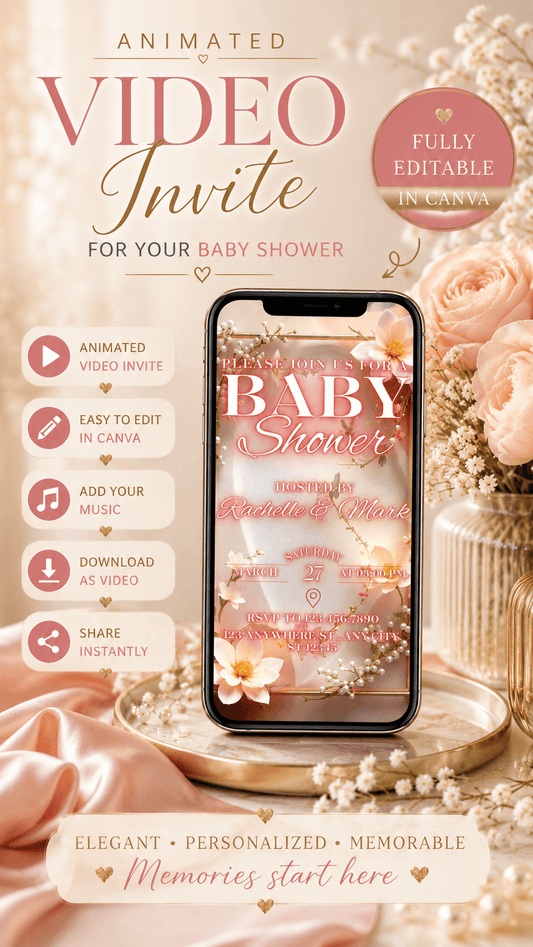 Floral baby shower video invitation featuring elegant design and customizable features for personalized celebrations.
