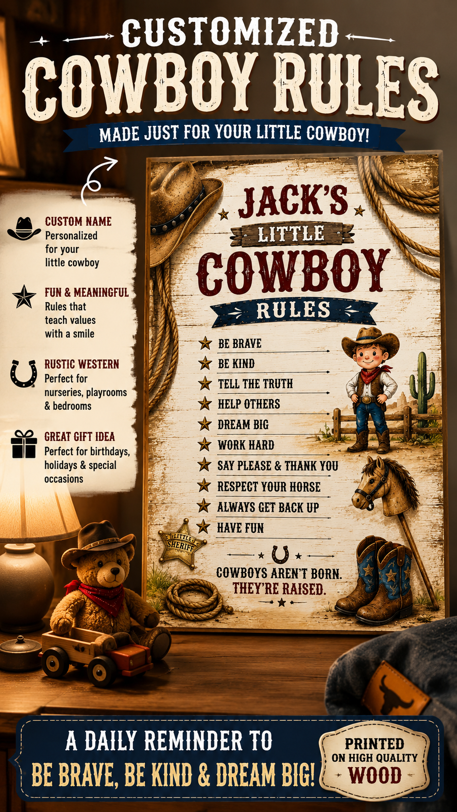 Little Cowboy Rules Sign featuring customizable cowboy rules for kids' decor in rustic style.