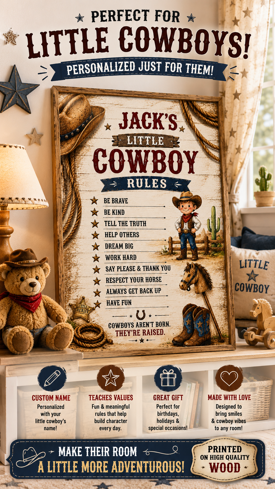 Little Cowboy Rules Sign - Personalized western decor for kids featuring positive values and customizable details.