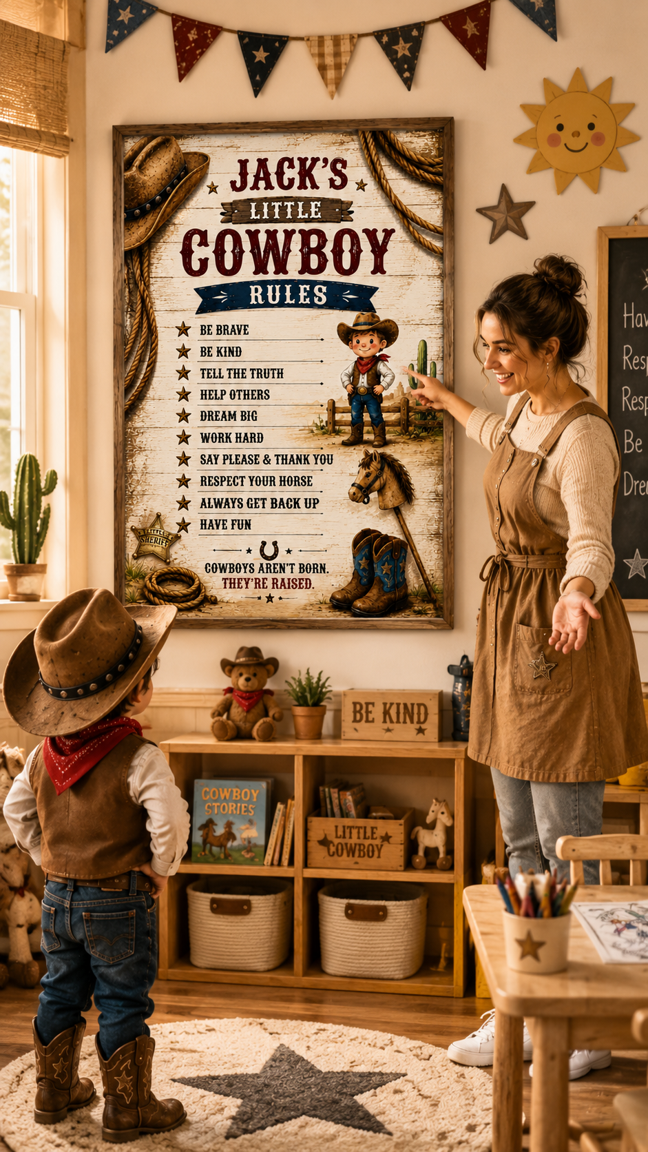 Little Cowboy Rules Sign displayed in a child's room with a boy and woman discussing personalized rules.