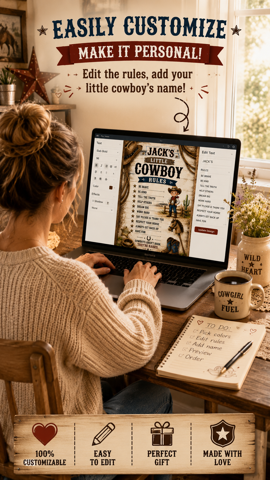 A person customizing a Little Cowboy Rules Sign template on a laptop, showcasing personalized kids room decor.