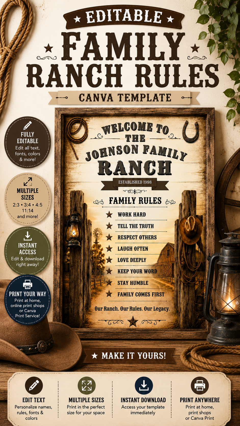 Family Ranch Rules Sign featuring editable Canva template for customizing family rules and values in a western style.