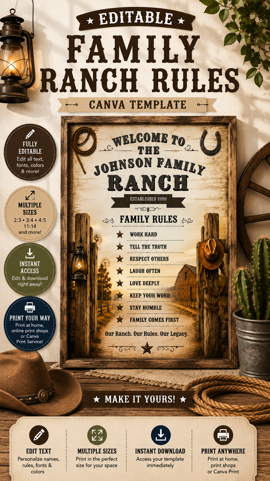 Editable Family Ranch Rules Sign Canva template featuring customizable family rules and welcoming design.
