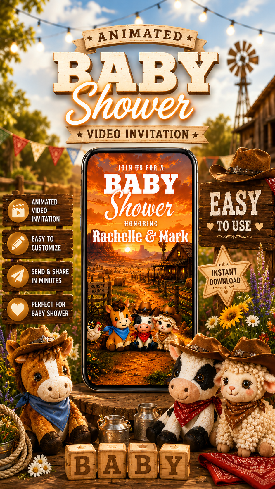 Cowboy baby shower invitation featuring animated video invite design with charming characters and floral decorations.