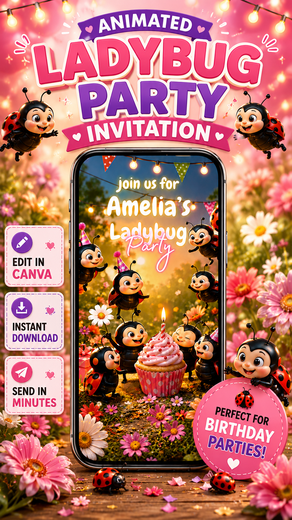 Animated ladybug birthday invitation for a celebratory party featuring cute ladybug characters and festive decor.