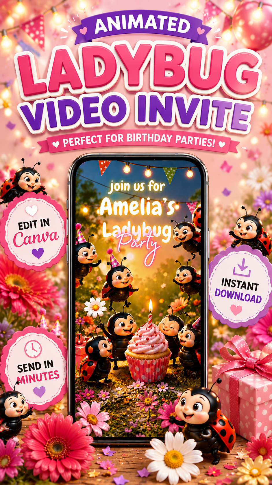 Animated ladybug birthday invitation video invite for Amelia's party with cupcakes and ladybug characters.