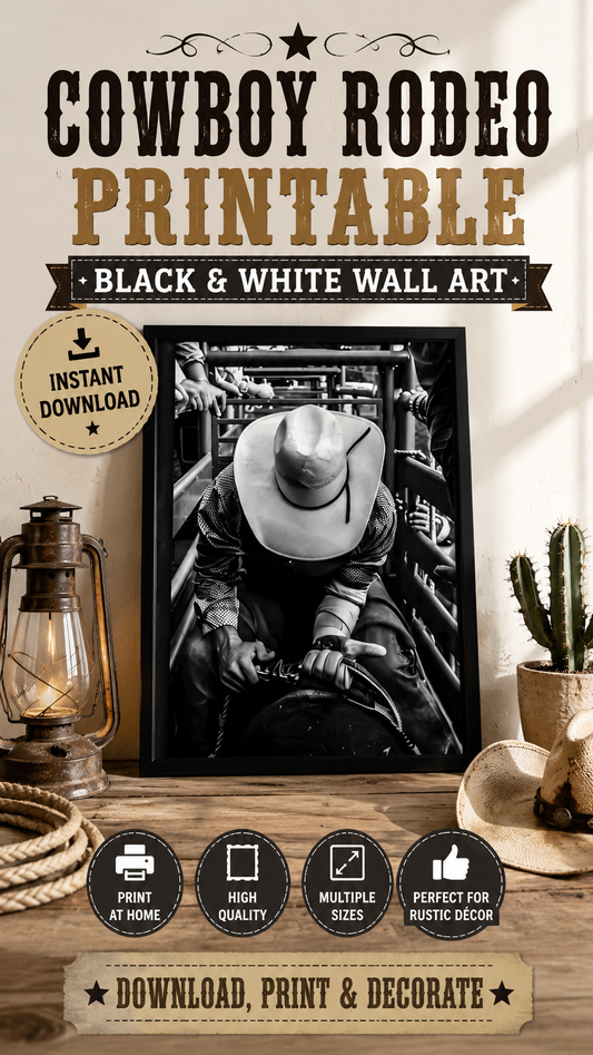 Cowboy Rodeo Printable Black & White Western Wall Art – Rustic Décor