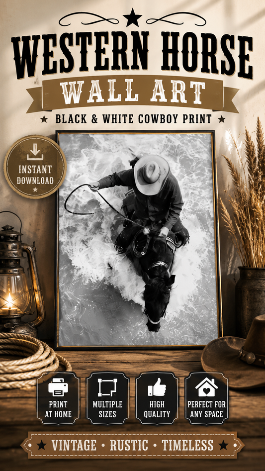 Western Horse Wall Art – Black & White Cowboy Print