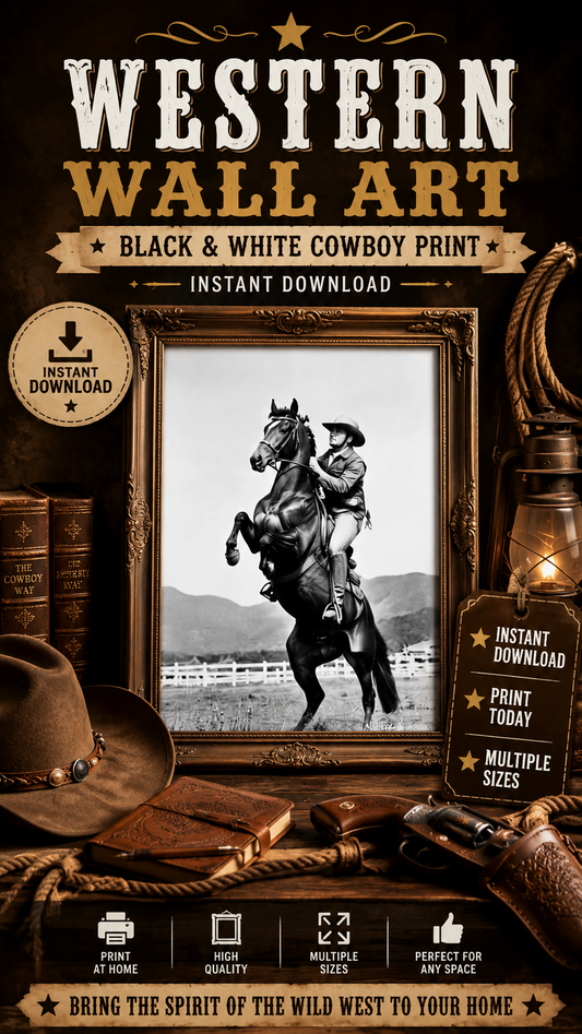 Western Cowboy Wall Art Black and White Digital Print