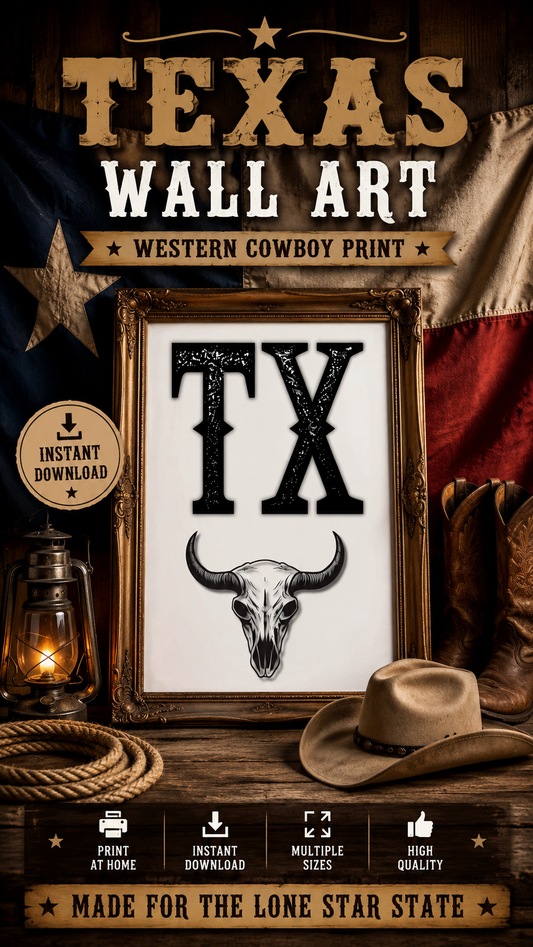 Texas Bull Skull Wall Art – Western Cowboy Print for Rustic Home Decor
