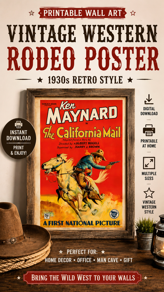 Vintage Western Cowboy Poster featuring Ken Maynard in The California Mail rodeo art from the 1930s for nostalgic decor.