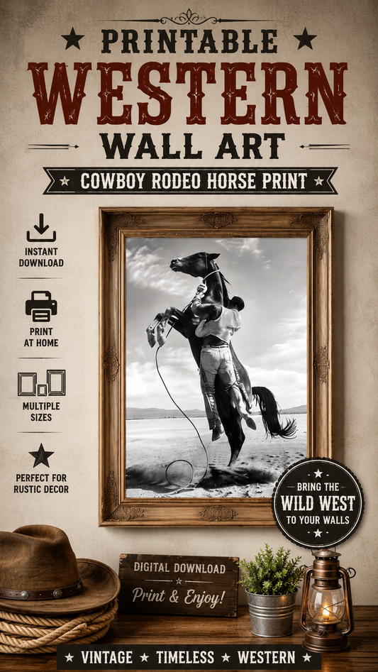 Cowboy Rodeo Wall Art digital download featuring a striking black-and-white horse print for rustic home decor.