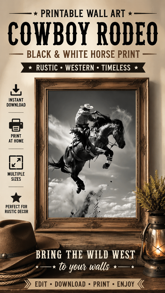 Cowboy Rodeo Wall Art featuring a black and white horse print in a rustic frame.