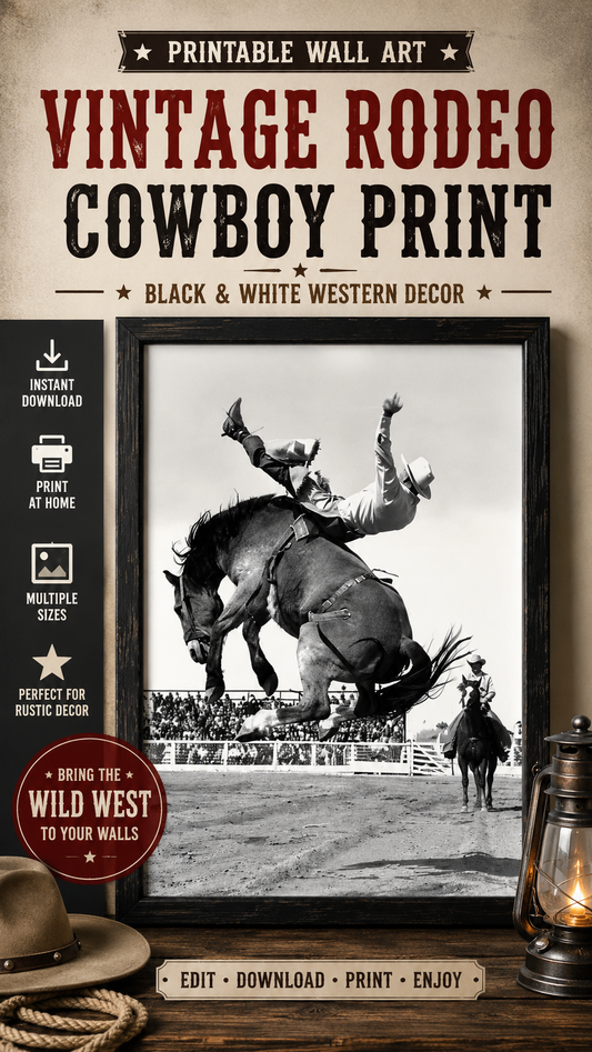 Vintage Rodeo Poster Rustic Cowboy Digital Print showcasing a black and white cowboy print for western decor.