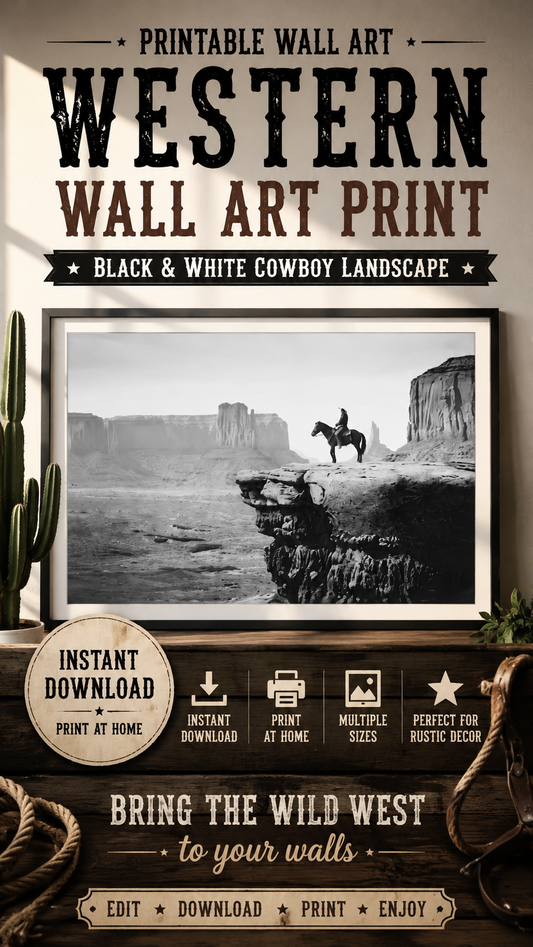 Western Wall Art Print featuring a black and white cowboy landscape in a rustic setting.