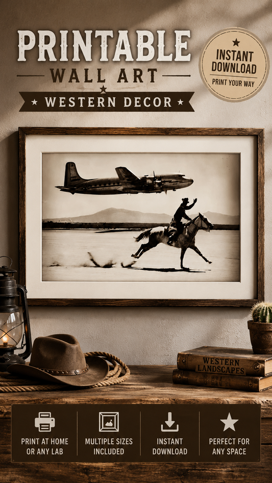 Cowboy Airplane Wall Art featuring a cowboy on horseback with a vintage airplane overhead in a framed print.