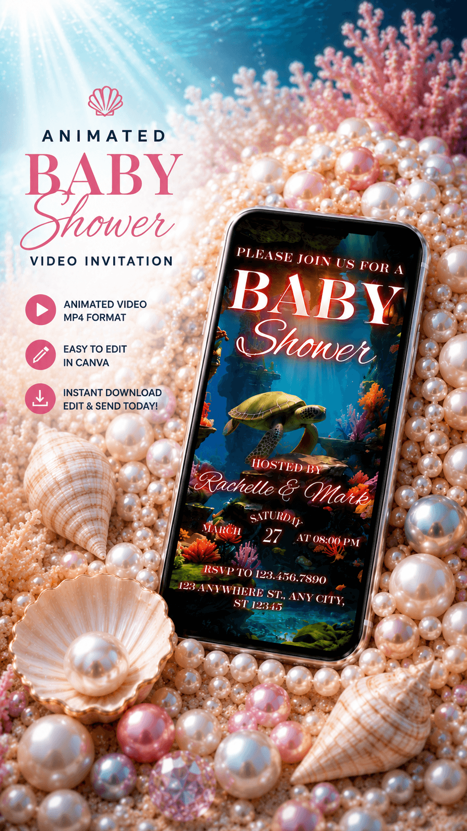 Mermaid Baby Shower Video Invitation displayed on a phone over sandy beach decor with shells and pearls.