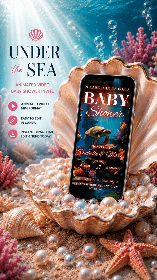 Mermaid Baby Shower Video Invitation displayed on a phone inside a shell surrounded by ocean-themed decorations.