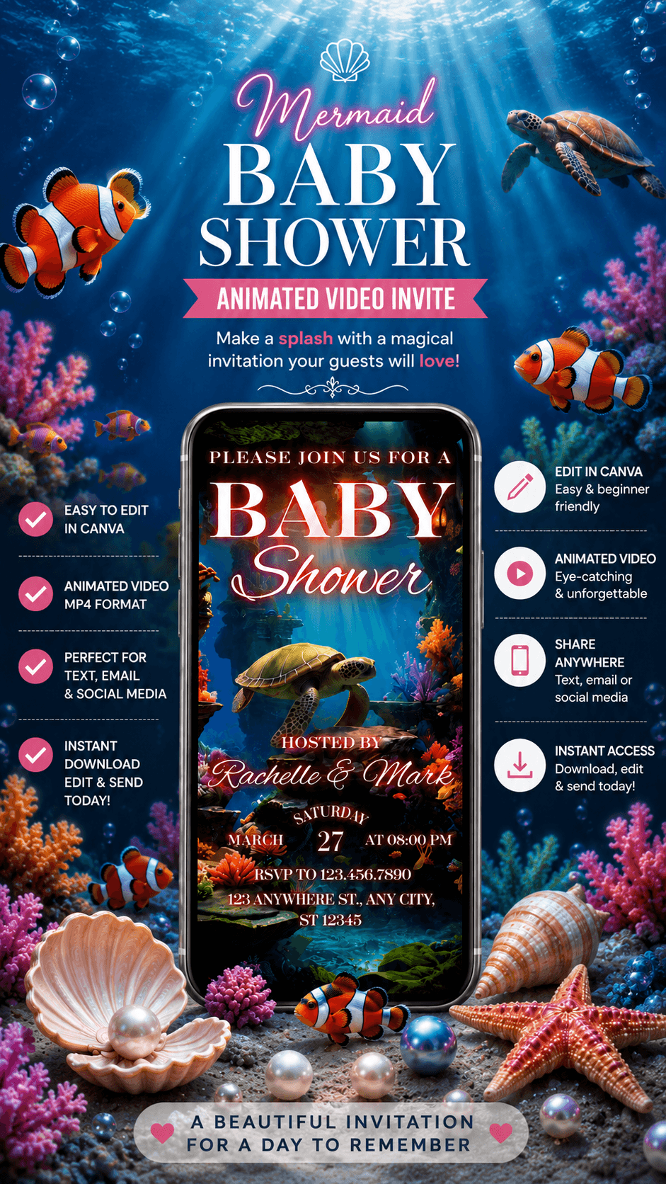 Mermaid Baby Shower Video Invitation featuring an animated design with aquatic elements and vibrant colors.