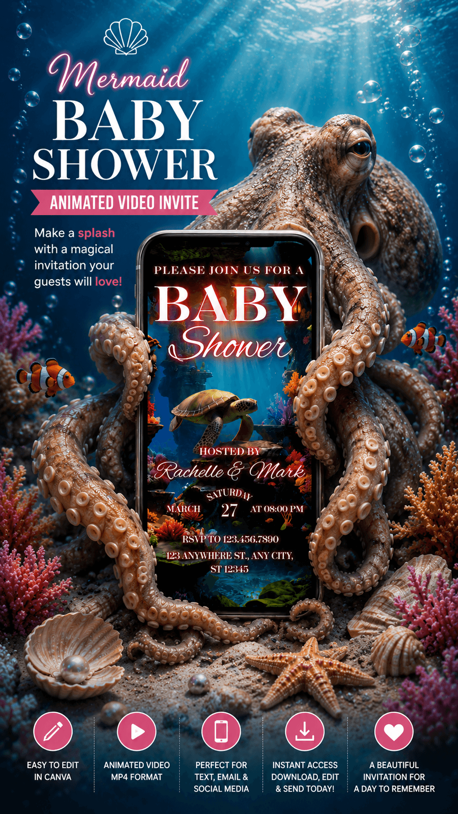 Mermaid Baby Shower Video Invitation featuring an octopus design and vibrant underwater scene.