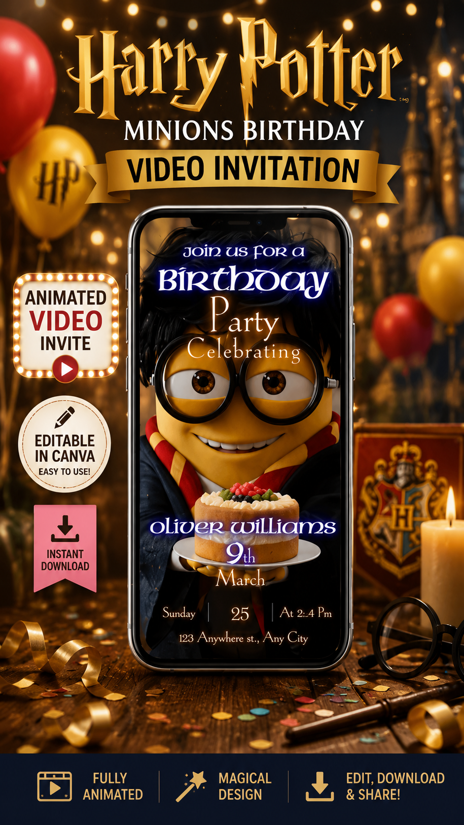 Harry Potter Minions birthday video invitation featuring an animated Minion in a wizard outfit.