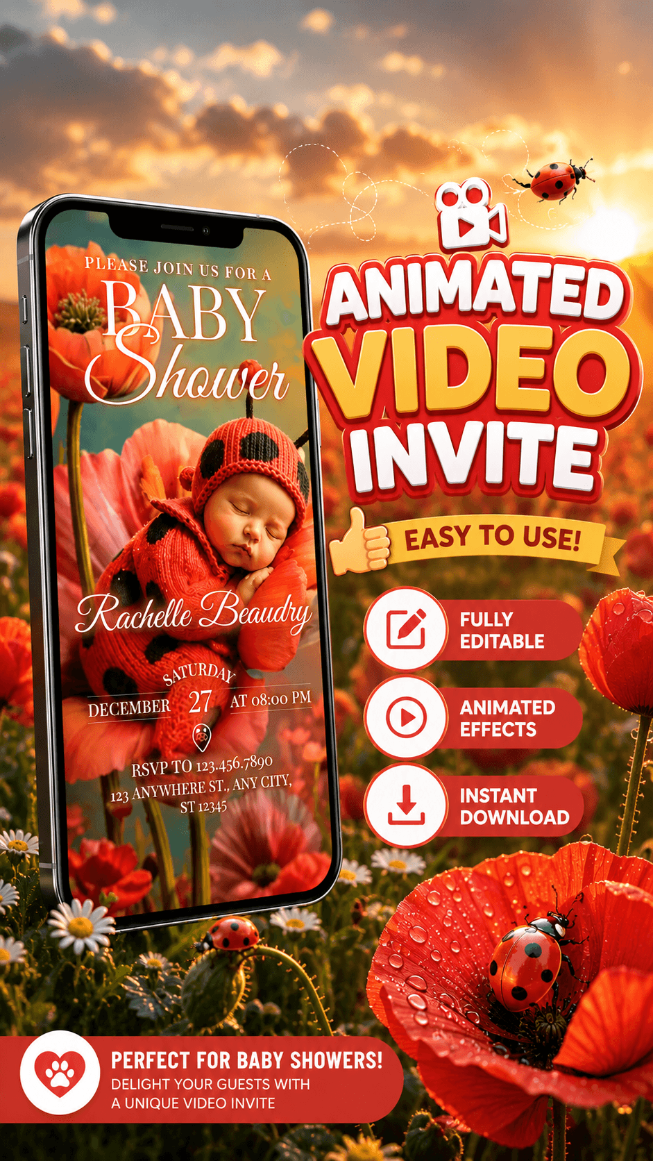 Ladybug Baby Shower Video Invitation design featuring animated invite elements and floral background for a joyful celebration.