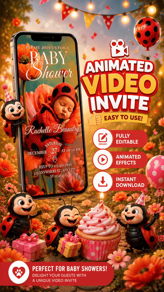 Ladybug Baby Shower Video Invitation showcasing an animated invite with customizable features and fun designs.