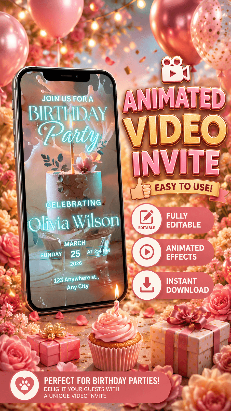 Editable birthday video invitation template featuring animated effects and a celebratory design for a birthday party.