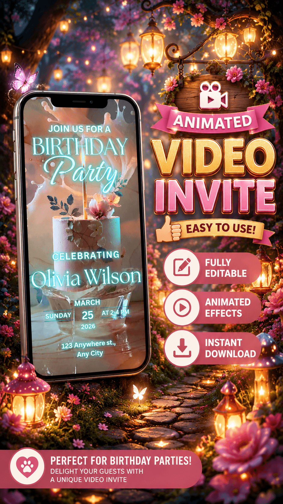 Editable birthday video invitation featuring animated effects and a floral design for a birthday party.