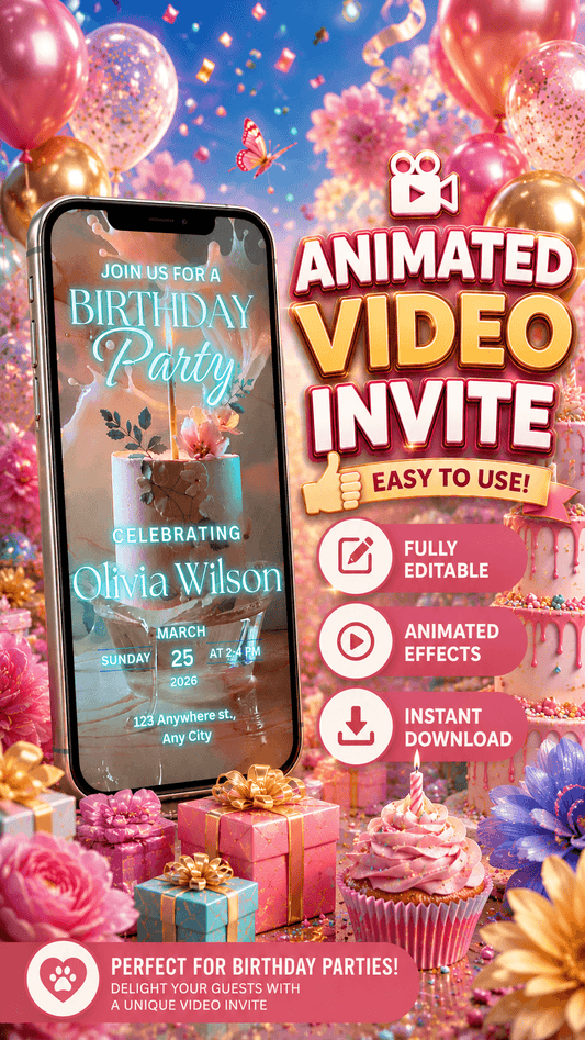 Editable birthday video invitation template featuring animated design, perfect for a birthday party celebration.