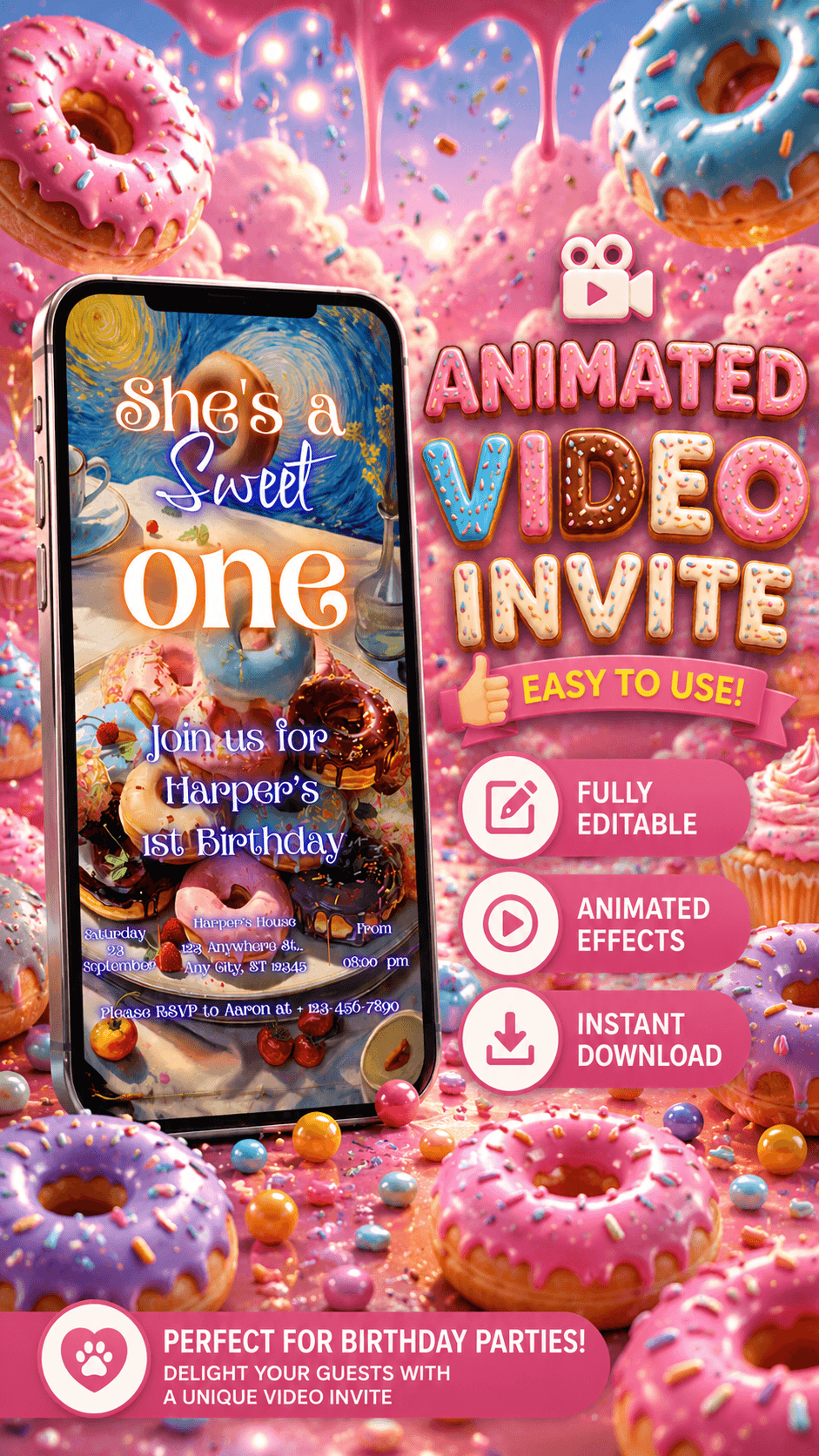 A colorful donut birthday video invitation for Harper's 1st birthday, featuring animated effects and editable options.