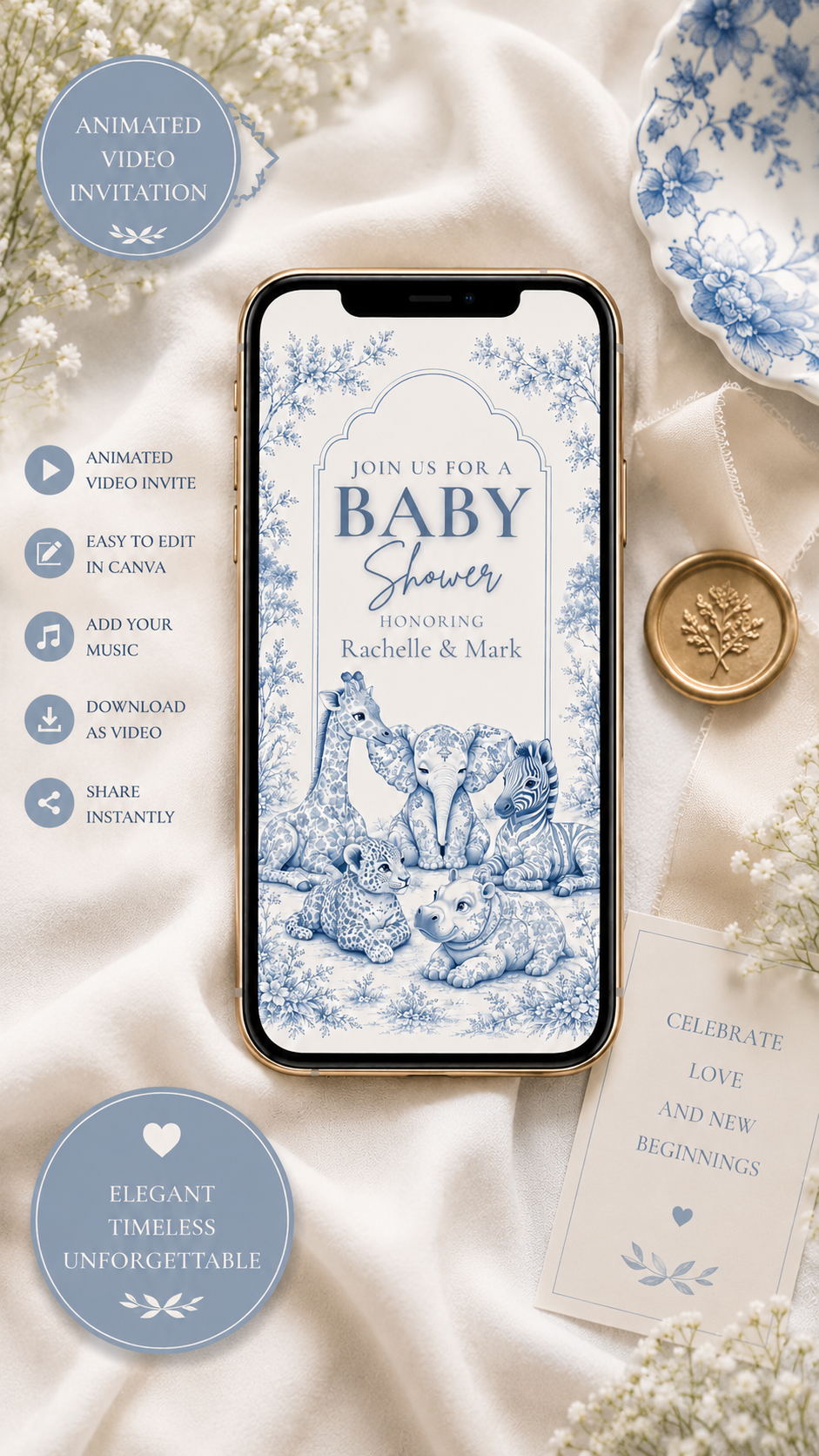 Baby Shower Video Invitation featuring animated safari animals in blue toile design on a phone mockup.