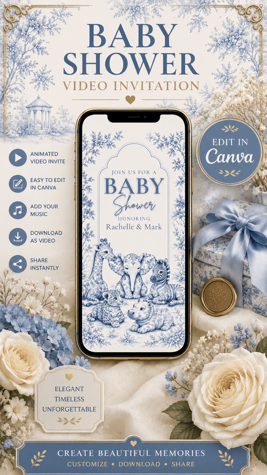 Baby Shower Video Invitation featuring elegant blue toile design and safari animals for a memorable celebration.