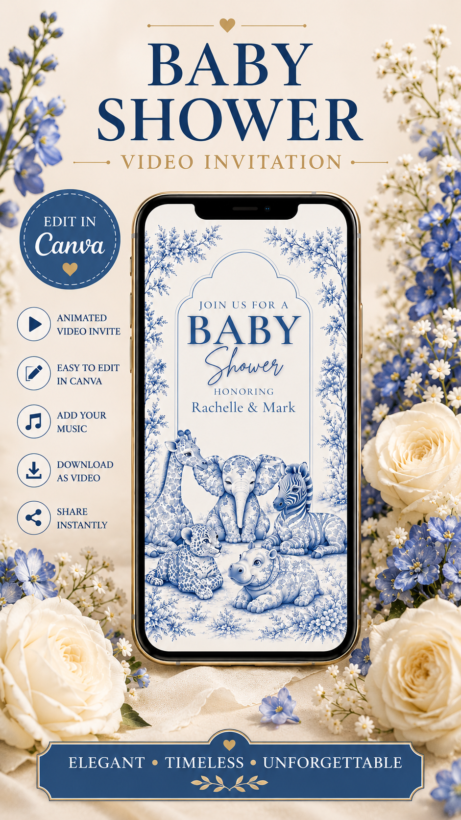 Baby Shower Video Invitation featuring elegant blue toile design and adorable safari animals for a memorable celebration.