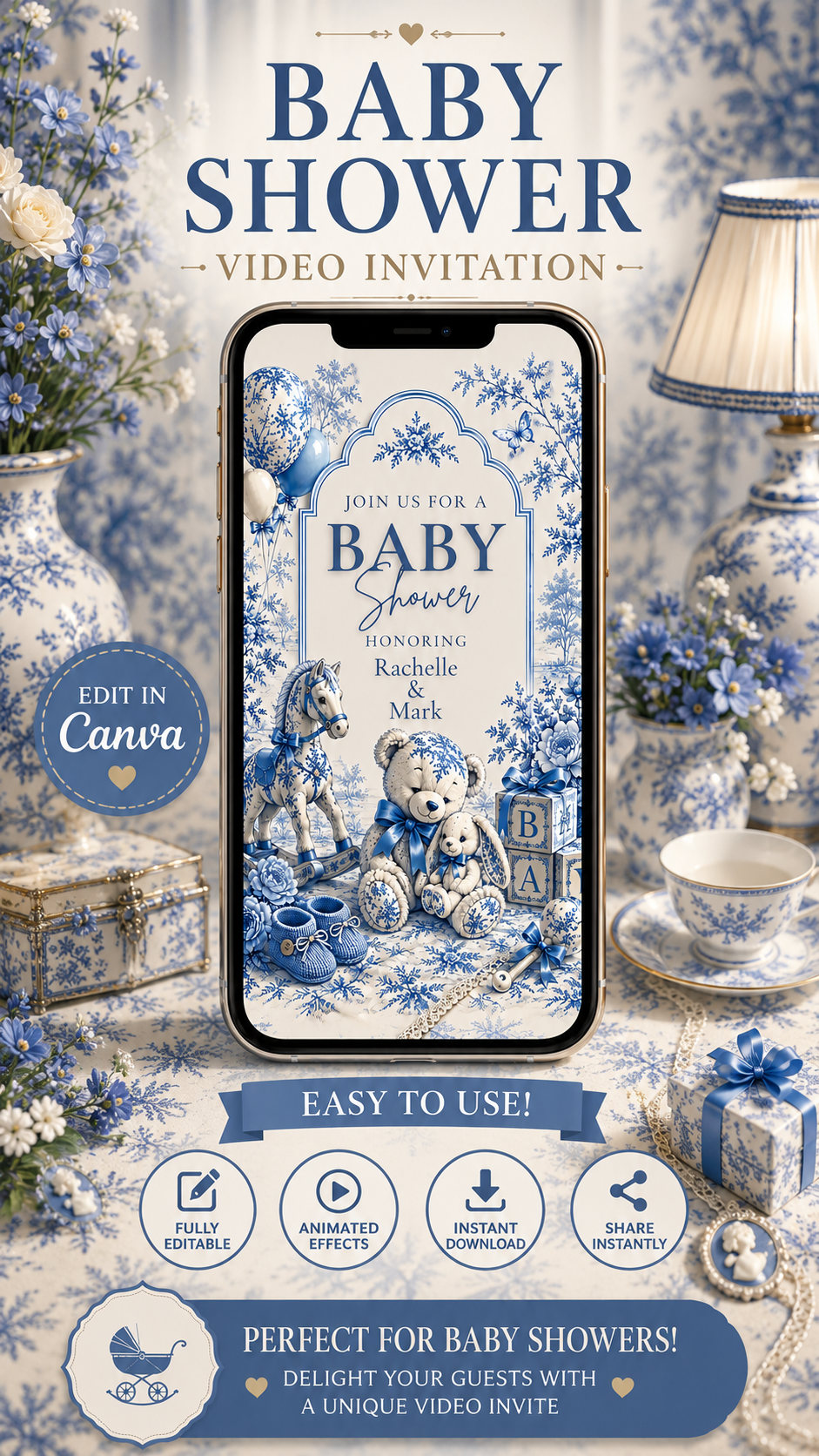 Blue Toile Baby Shower Video Invitation displayed on a phone, featuring elegant design and teddy bear accents.