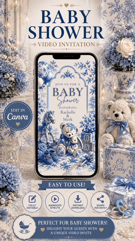 Blue Toile Baby Shower Video Invitation | Editable Canva Invite featuring floral accents and teddy bears.