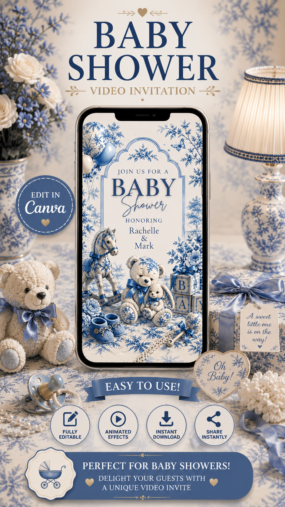 Blue Toile Baby Shower Video Invitation displayed on a smartphone with teddy bears and floral decorations.