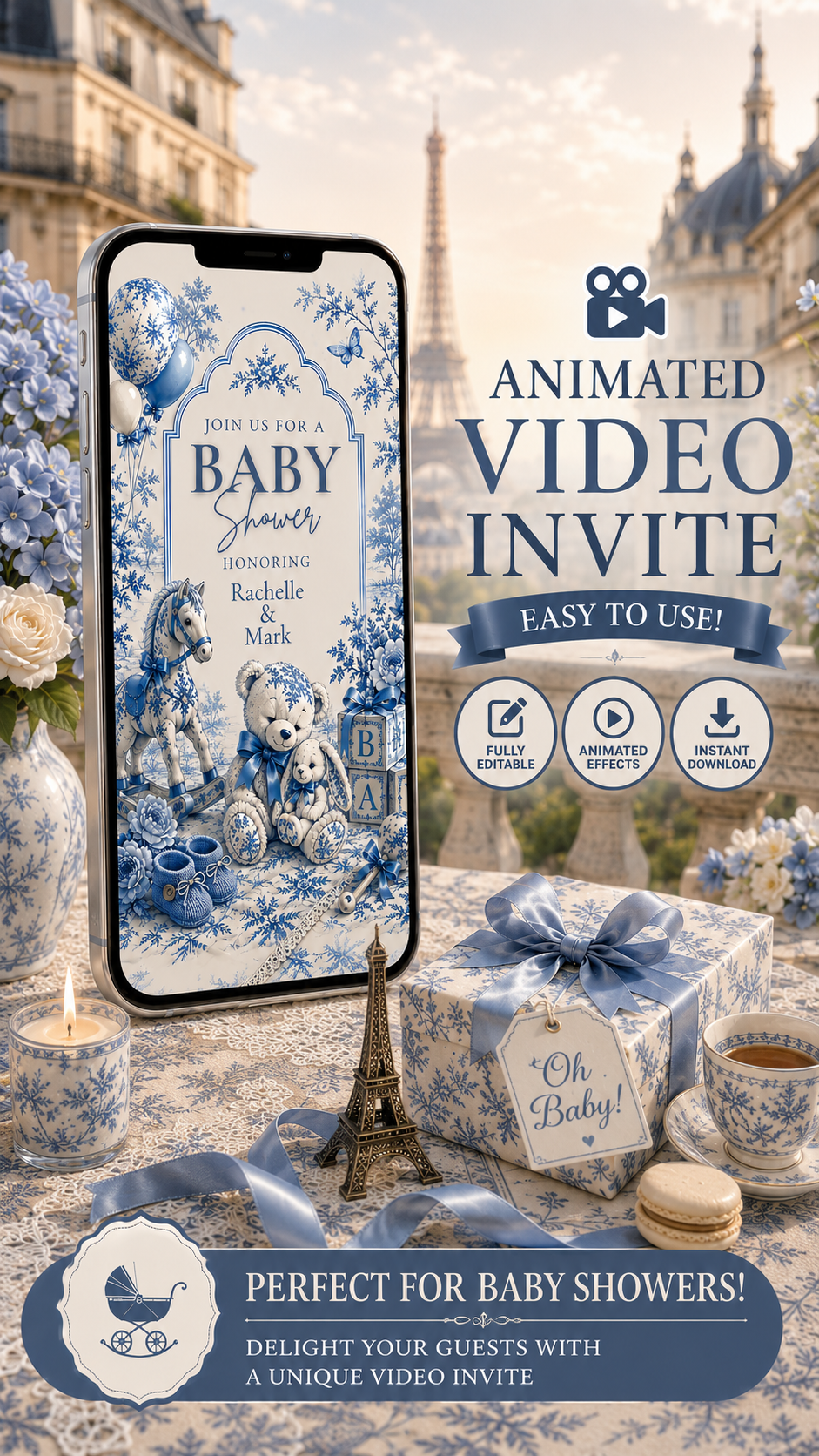 Blue Toile Baby Shower Video Invitation featuring animated design with teddy bears and elegant décor.
