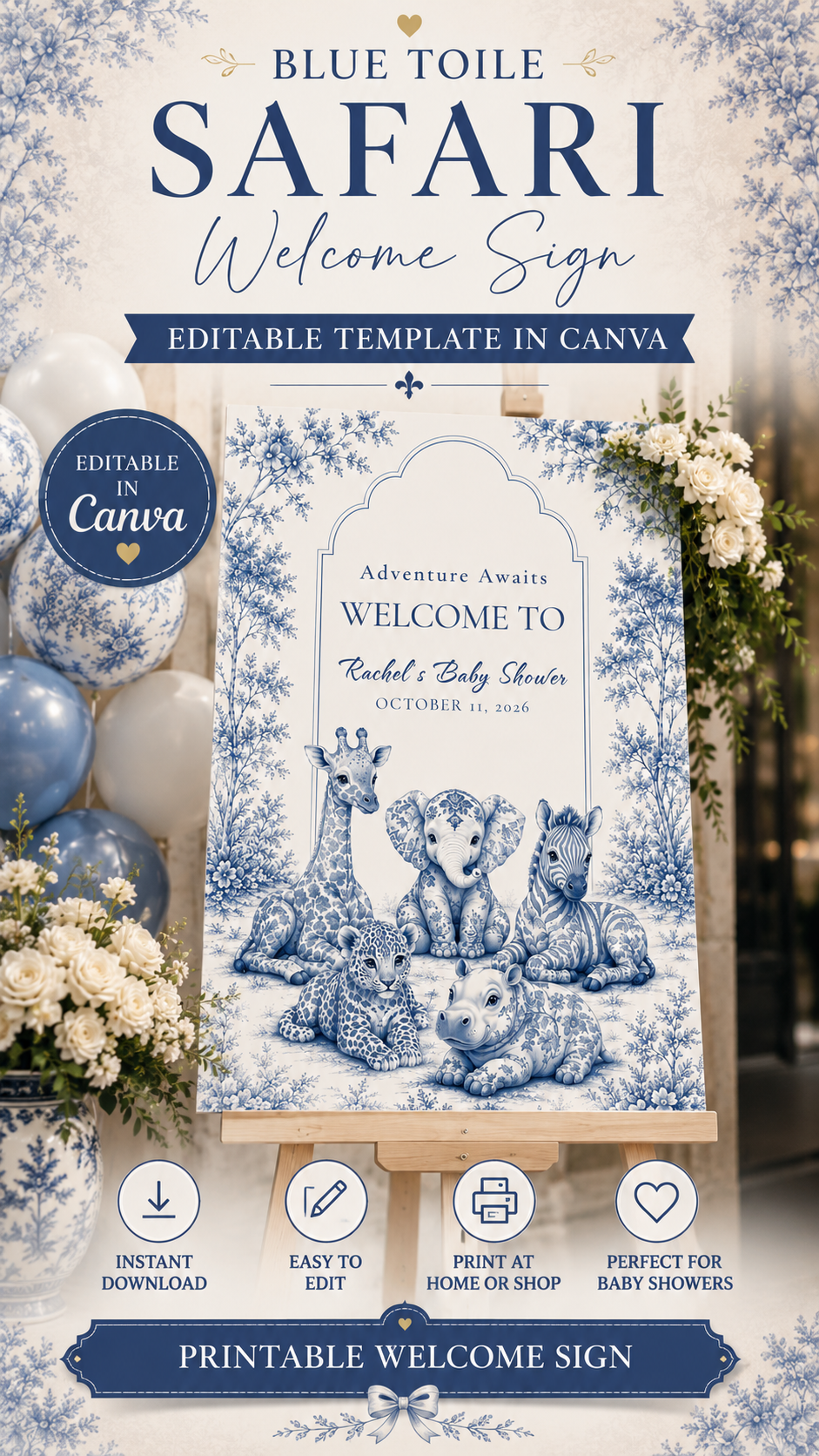 Baby shower welcome sign featuring blue toile design with safari animals and floral accents, perfect for celebratory events.