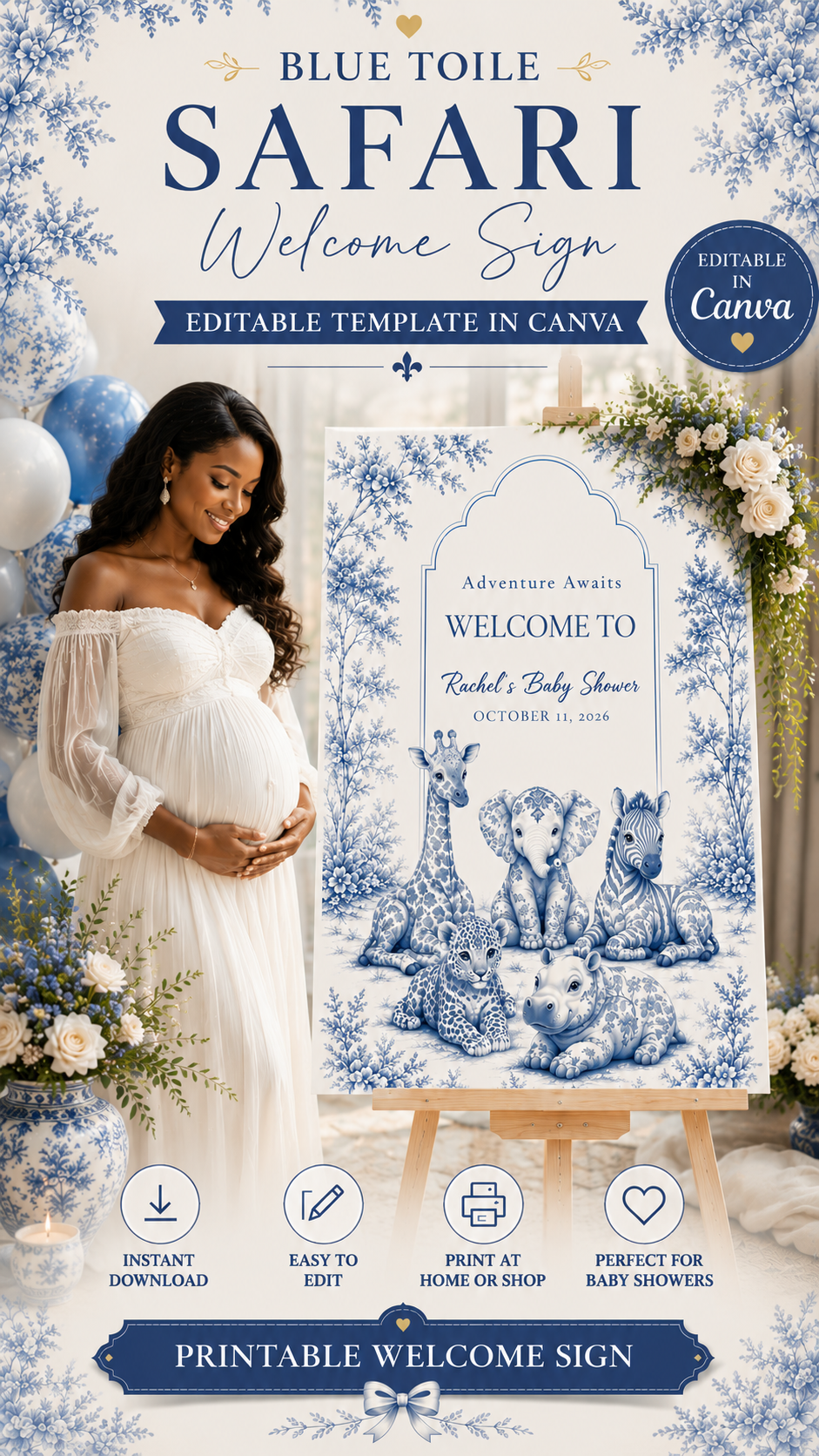 Baby shower welcome sign featuring blue toile design with safari animals for a joyful celebration.