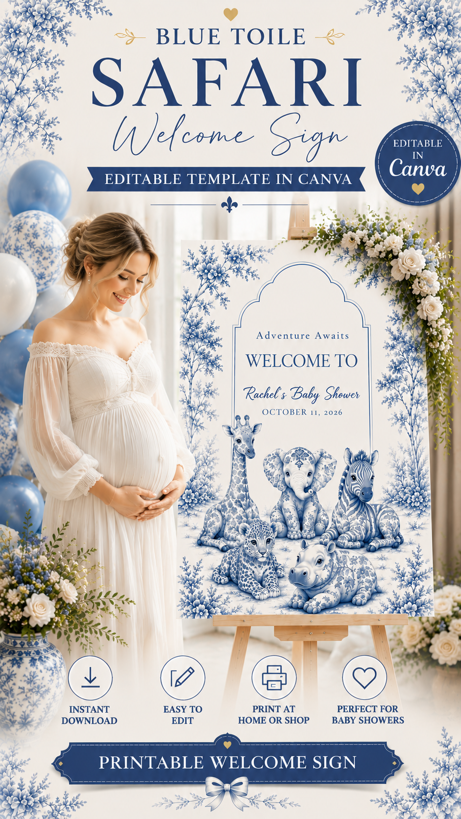 Baby shower welcome sign with blue toile safari design, editable in Canva, featuring floral details and charming animals.