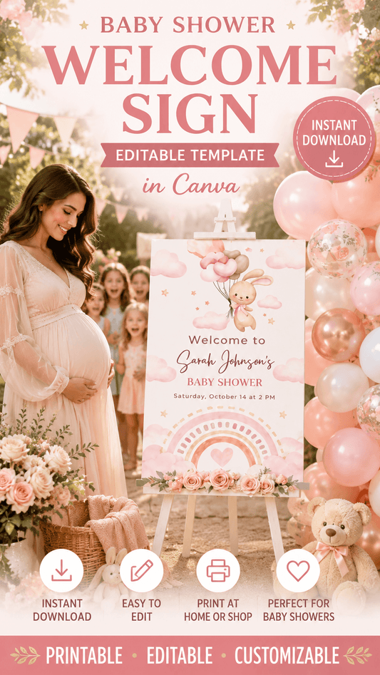 Baby shower welcome sign bunny template printable with pastel colors and balloons, creating a warm atmosphere for celebrations.