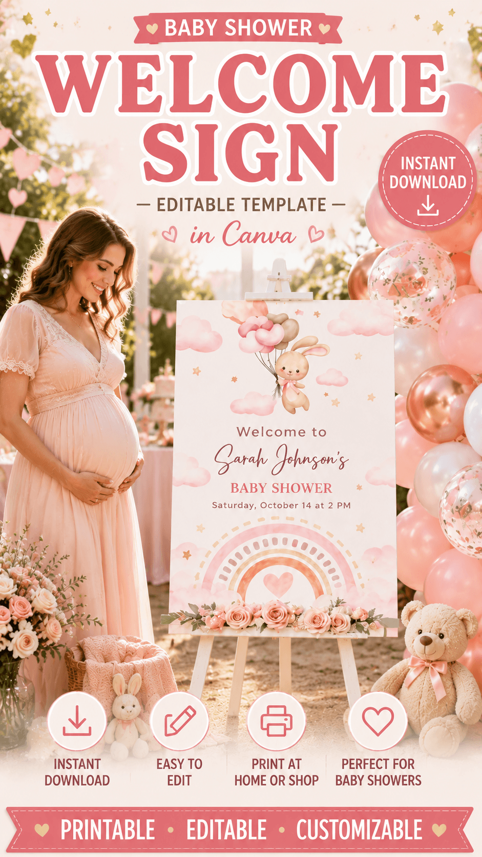 Baby shower welcome sign bunny template printable with pastel colors and balloons.