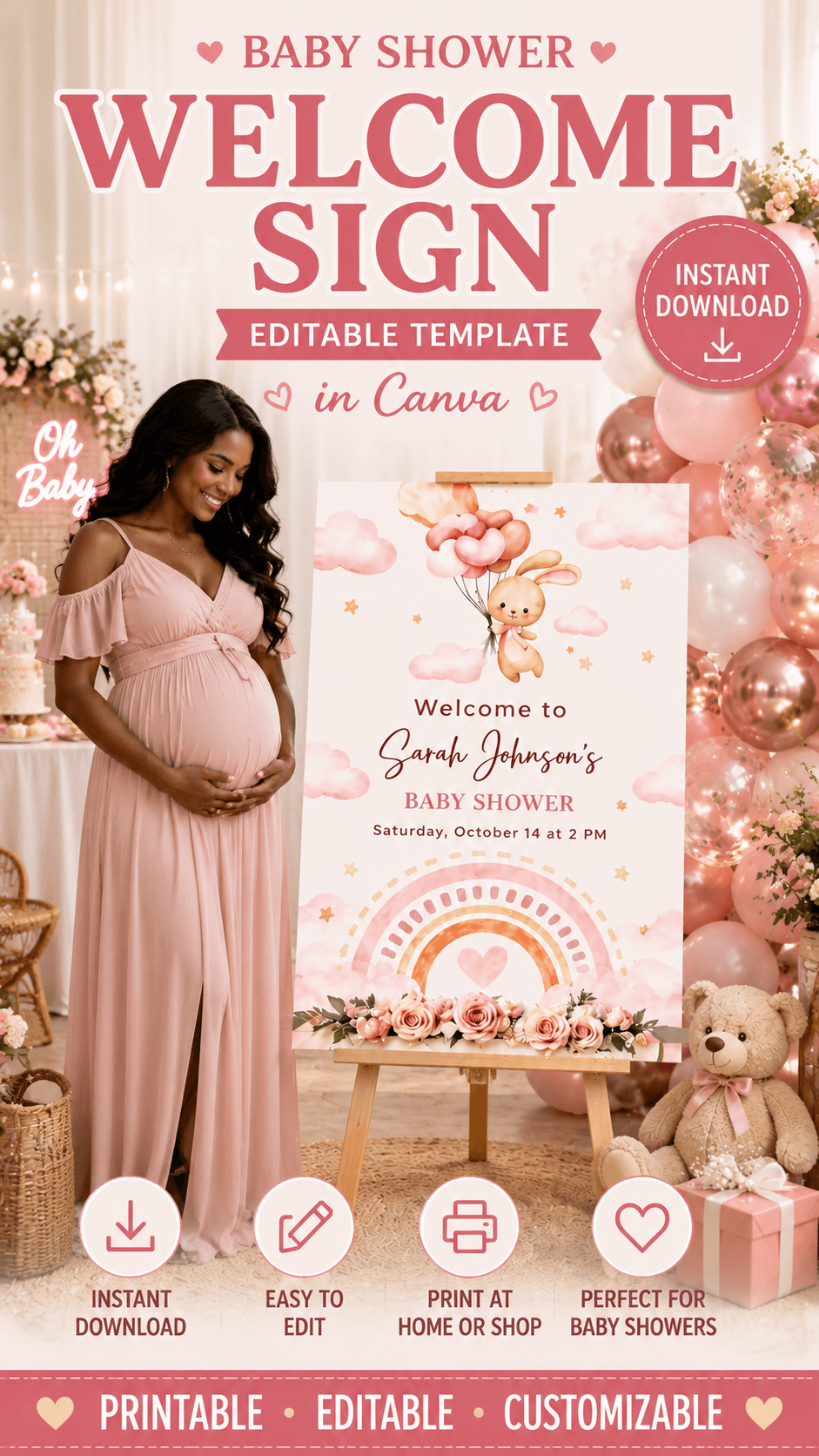 Baby shower welcome sign bunny template printable with pastel colors and balloons for a charming celebration.