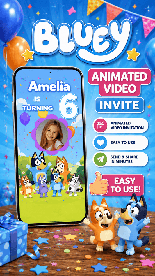 Bluey Birthday Video Invitation with Photo | Editable Canva featuring a personalized animated invite for a child's birthday celebration.