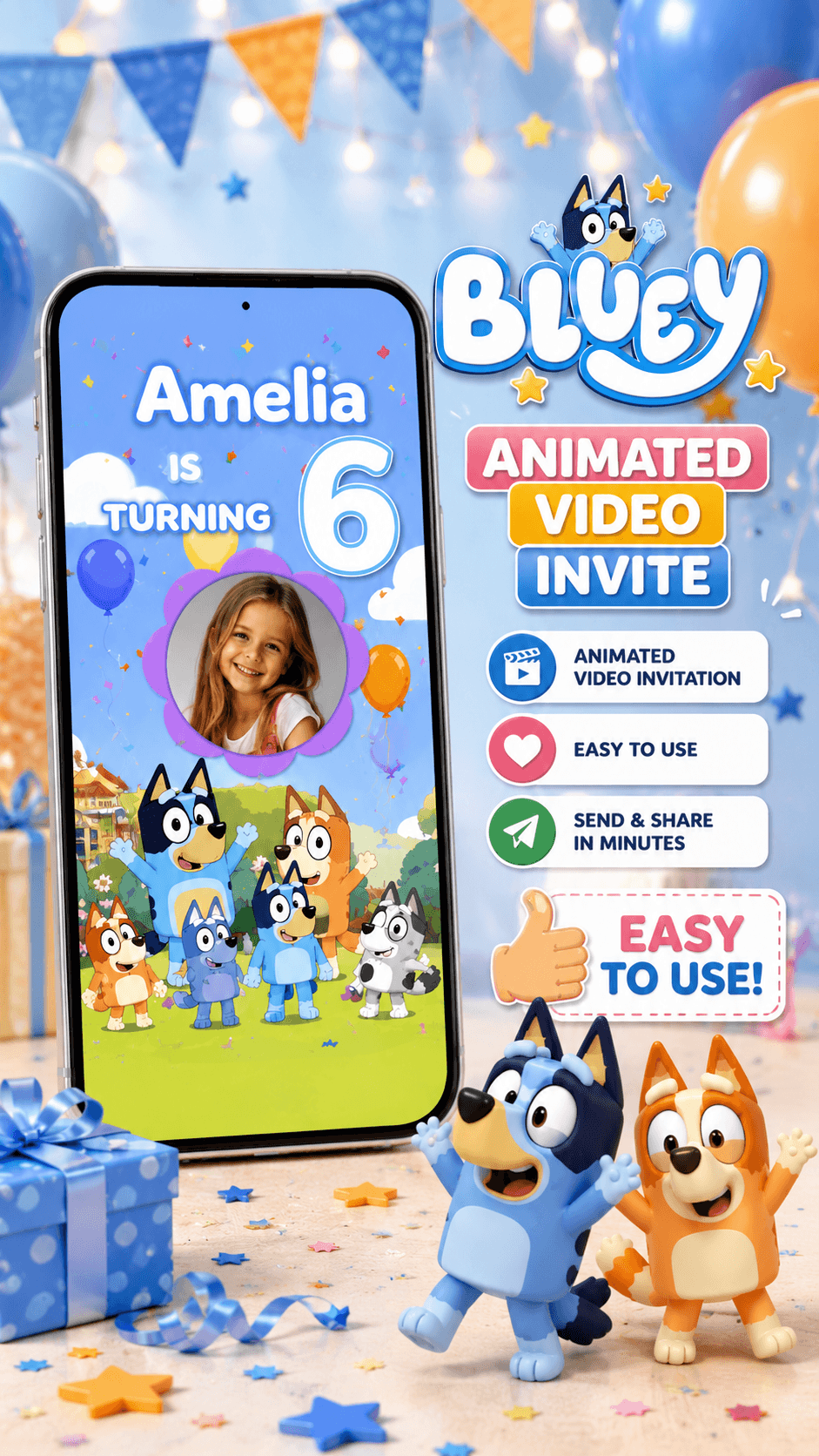 Bluey Birthday Video Invitation with Photo | Editable Canva featuring a personalized animated invite.