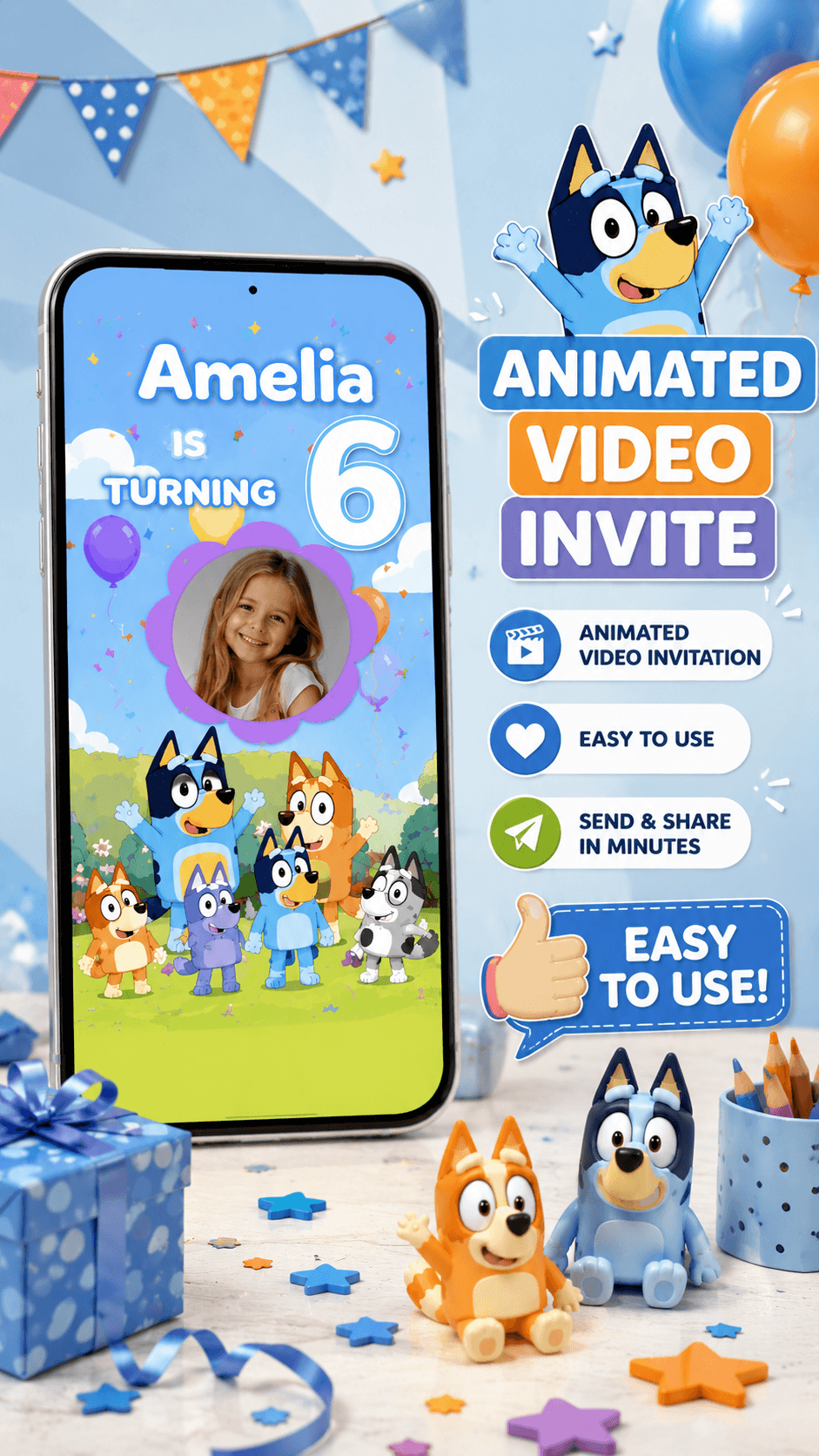 Bluey Birthday Video Invitation with Photo | Editable Canva featuring child’s photo and animated invite design.
