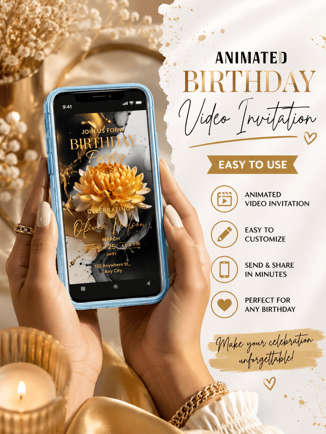 Editable Birthday Video Invitation Template Golden Floral Invite preview on smartphone with elegant floral design.