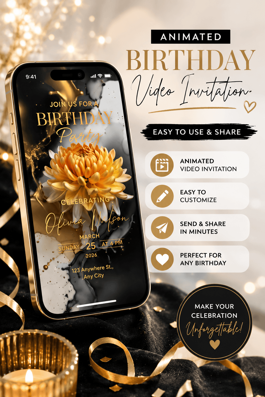 Editable Birthday Video Invitation Template Golden Floral Invite on smartphone with elegant design and animation features